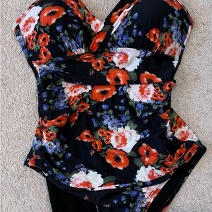 Black and Red One Piece Swimsuit with Sweetheart Neckline